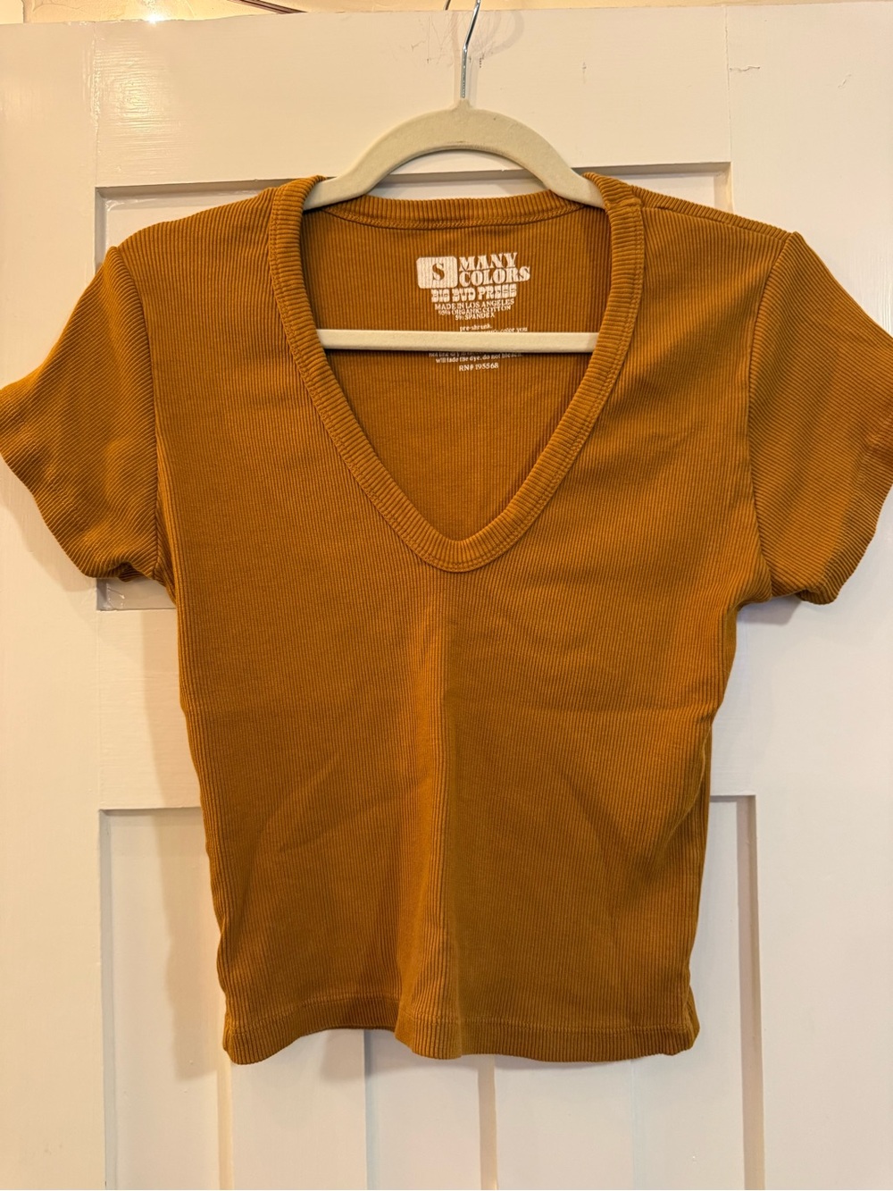 Big Bud Press Ribbed V-Neck Short Sleeve Top - Mustard Brown